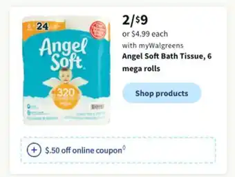 Walgreens Angel soft bath tissue, 6 mega rolls offer