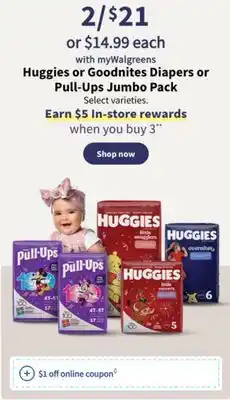 Walgreens Huggies or goodnites diapers or pull-ups jumbo pack offer