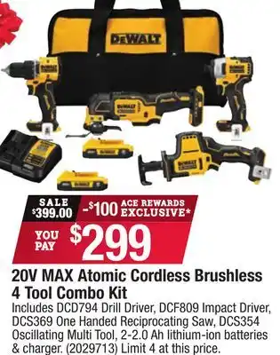Ace Hardware Dewalt 20v max atomic cordless brushless 4 tool combo kit offer