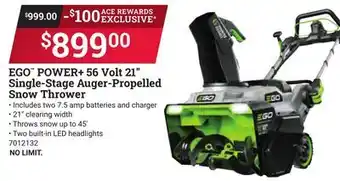 Ace Hardware Ego power + 56 volt 21 single-stage auger-propelled snow thrower offer