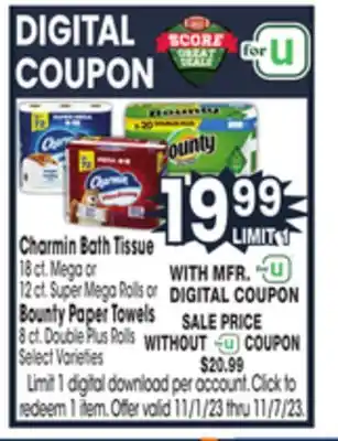 Jewel-Osco Charmin bath tissue 18 ct. mega or 12 ct. super mega rolls or bounty paper towels 8 ct. double plus rolls offer