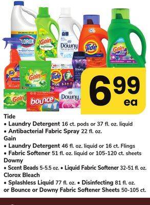 ACME Tide laundry detergent 16 ct. pods or 37 fl. oz. liquid, antibacterial fabric spray 22 fl. oz. gain laundry detergent 46 fl. offer