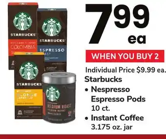 ACME Starbucks nespresso espresso pods 10 ct., instant coffee 3.175 oz. jar offer