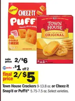 Meijer Town house crackers 9-13.8 oz. or cheez-it snap'd or puff'd* 5.75-7.5 oz offer