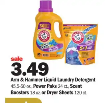Meijer Arm & hammer liquid laundry detergent 45.5-50 oz., power paks 24 ct., scent boosters 18 oz. or dryer sheets 120 ct offer