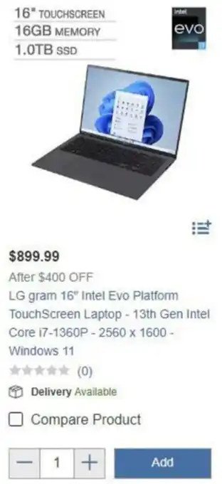 Costco LG gram 16" Intel Evo Platform TouchScreen Laptop - 13th Gen Intel Core i7-1360P - 2560 x 1600 - Windows 11 offer