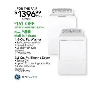 Nebraska Furniture Mart Ge Appliances 4.6-cu. Ft. Washer, 7.2-cu. Ft. Electric Dryer offer