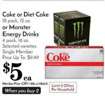 Pavilions Coke Or Diet Coke Or Monster Energy Drinks offer
