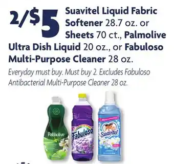 Family Dollar Suavitel liquid fabric softener 28.7 oz. or sheets 70 ct., palmolive ultra dish liquid 20 oz., or fabuloso multi-purpose clea offer