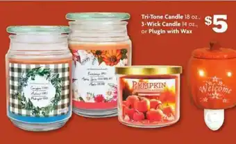 Family Dollar Tri-Tone Candle, 3-Wick Candle Or Plugin With Wax offer