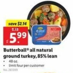 Lidl Butterball All Natural Ground Turkey 85% Lean offer