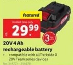 Lidl 20V 4 Ah Rechargeable Battery offer