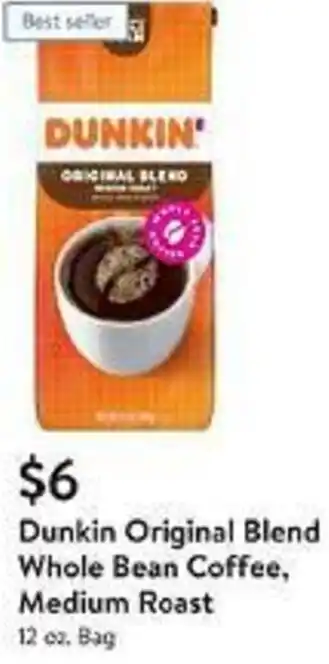 Walmart Dunkin Original Blend Whole Bean Coffee, Medium Roast offer