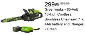 Best Buy Greenworks - 80-Volt 18-Inch Cordless Brushless Chainsaw (1 x 4Ah battery and Charger) - Green offer