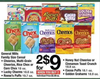 ACME General Mills Family Size Cereal : Cheerios, Multi-grain Cherios, Rice Chex Or Corn Chex, Lucky Charms, Reese's Puffs, Honey offer