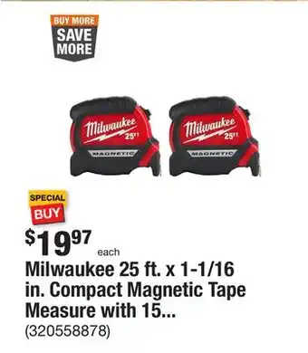 The Home Depot Milwaukee 25 ft. x 1-1/16 in. compact magnetic tape measure with 15 ft. reach (2-pack) offer