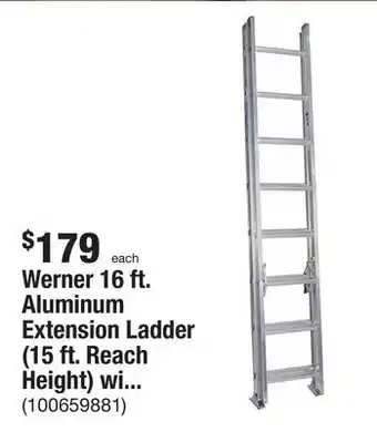 The Home Depot Werner 16 ft. aluminum extension ladder (15 ft. reach height) with 225 lb. load capacity type ii duty rating offer