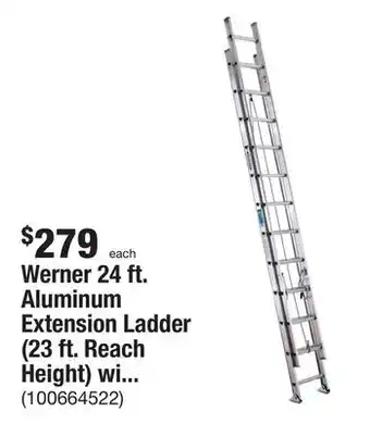 The Home Depot Werner 24 ft. aluminum extension ladder (23 ft. reach height) with 225 lb. load capacity type ii duty rating offer