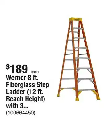 The Home Depot Werner 8 ft. fiberglass step ladder (12 ft. reach height) with 300 lb. load capacity type ia duty rating offer