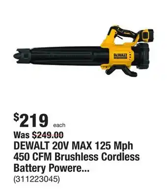 The Home Depot Dewalt 20v max 125 mph 450 cfm brushless cordless battery powered handheld leaf blower with (1) 5ah battery & charger offer