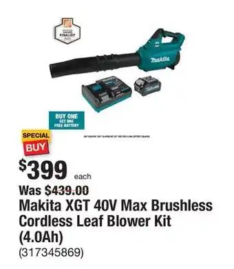 The Home Depot Makita xgt 40v max brushless cordless leaf blower kit (4.0ah) offer