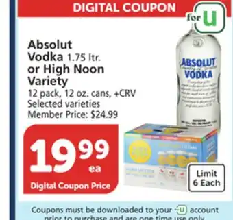 Albertsons Absolut vodka 1.75 ltr. or high noon variety 12 pack, 12 oz. cans offer