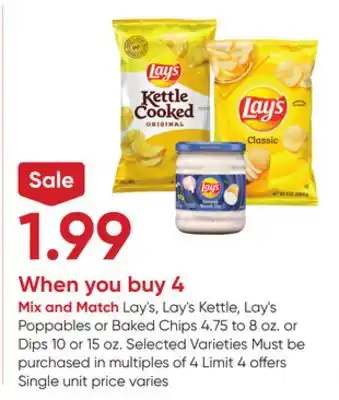 Stater Bros Lay's, lay's kettle, lay's poppables or baked chips 4.75 to 8 oz. or dips 10 or 15 oz offer