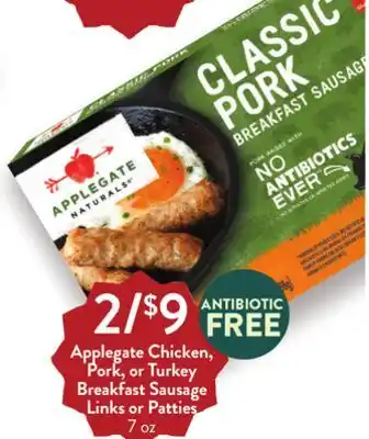 Fresh Thyme Applegate chicken, pork, or turkey breakfast sausage links or patties offer