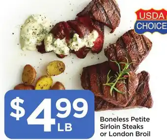 Food 4 Less Boneless petite sirloin steaks or london broil offer