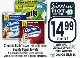 Jewel-Osco Charmin bath tissue 12 ct. mega rolls or bounty paper towels 6 ct. double plus rolls offer