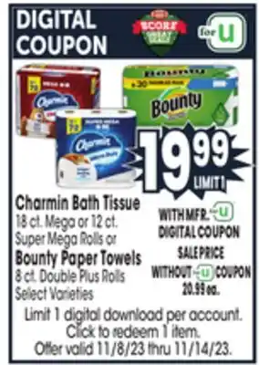 Jewel-Osco Charmin bath tissue 18 ct. mega or 12 ct. super mega rolls or bounty paper towels 8 ct. double plus rolls offer