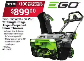 Ace Hardware Ego power + 56 volt 21 single-stage auger-propelled snow thrower offer