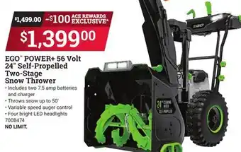 Ace Hardware Ego power + 56 volt 24 self-propelled two-stage snow thrower offer