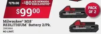 Ace Hardware Milwaukee m18 redlithium battery 2/pk offer