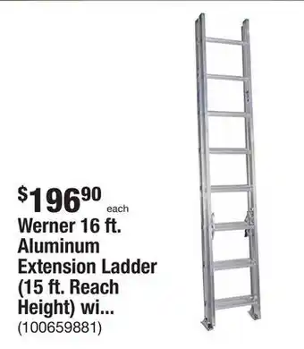 The Home Depot Werner 16 ft. aluminum extension ladder (15 ft. reach height) with 225 lb. load capacity type ii duty rating offer