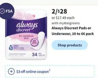 Walgreens Always discreet pads or underwear, 10 to 66 pack offer