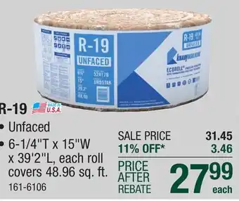 Menards R-19 ecoroll unfaced fiberglass insulation roll 6-1/4 x 15 x 39' 2 offer