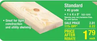Menards 1 x 4 x 8' standard pine board offer