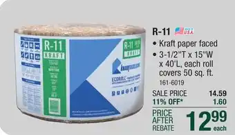 Menards R-11 ecoroll kraft faced fiberglass insulation roll 3-1/2 x 15 x 40' offer