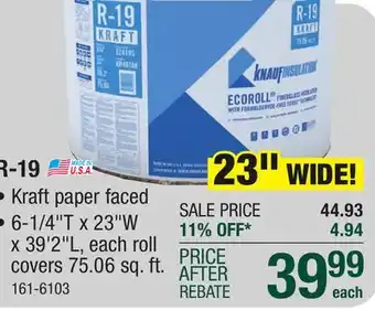 Menards R-19 ecoroll kraft faced fiberglass insulation roll 6-1/4 x 23 x 39' 2 offer