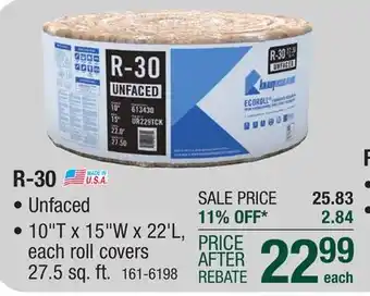 Menards R-30 ecoroll unfaced fiberglass insulation roll 10 x 15 x 22' offer