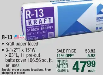Menards R-13 ecobatt kraft faced fiberglass insulation batt 3-1/2 x 15 x 93 offer