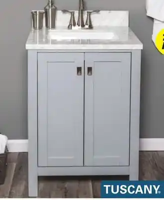 Menards Tuscany rio 24w x 22d white vanity and natural carrara marble vanity top with rectangular undermount bowl offer
