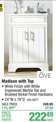 Menards Ove decors madison 24w x 19d white vanity and white engineered marble vanity top with rectangular undermount bowl offer