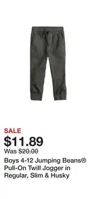 Kohl's Boys 4-12 jumping beans pull-on twill jogger in regular, slim & husky offer