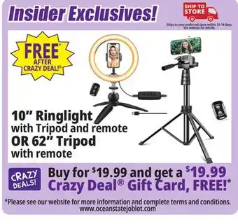 Ocean State Job Lot 10 ringlight with tripod and remote or 62 tripod with remote offer