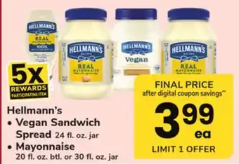 ACME Hellmann's vegan sandwich spread 24 fl. oz. jar, mayonnaise 20 fl. oz. btl. or 30 fl. oz. jar offer