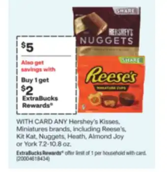 CVS Any hershey's kisses, miniatures brands, including reese's, kit kat, nuggets, heath, almond joy or york 7.2-10.8 oz offer