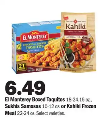 Meijer El monterey boxed taquitos 18-24.15 oz., sukhis samosas 10-12 oz. or kahiki frozen meal 22-24 oz offer