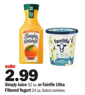 Meijer Simply juice 52 oz. or fairlife ultra filtered yogurt 24 oz offer